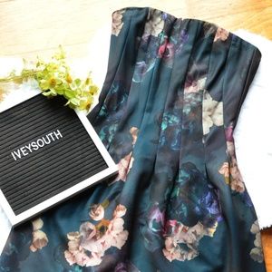 H&M green floral strapless party dress